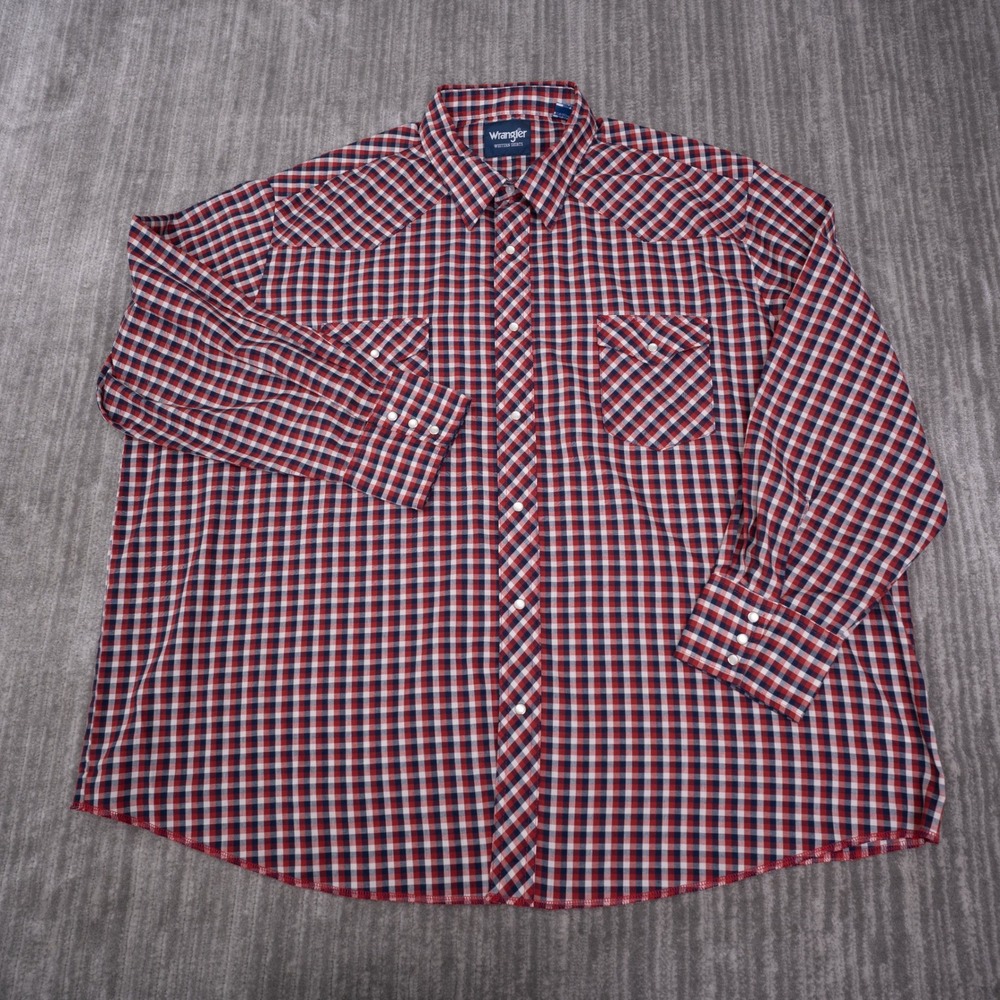 Wrangler Western Shirt Mens 3X Red White Blue Gingham Plaid Snap Excellent